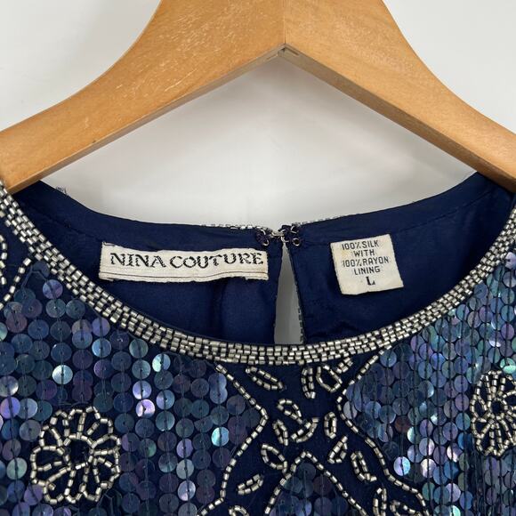 Vintage Nina Couture Sequin Silk Top Navy Blue Beaded Evening Blouse Large - Picture 5 of 6